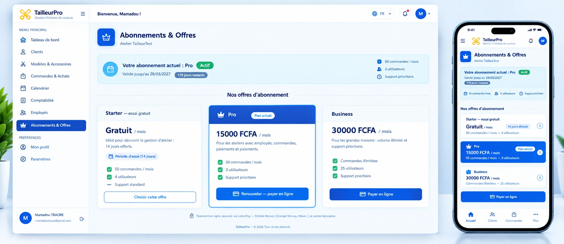 TailleurPro⁺ — écran Abonnements & Offres : formules et paiement en ligne Mobile Money