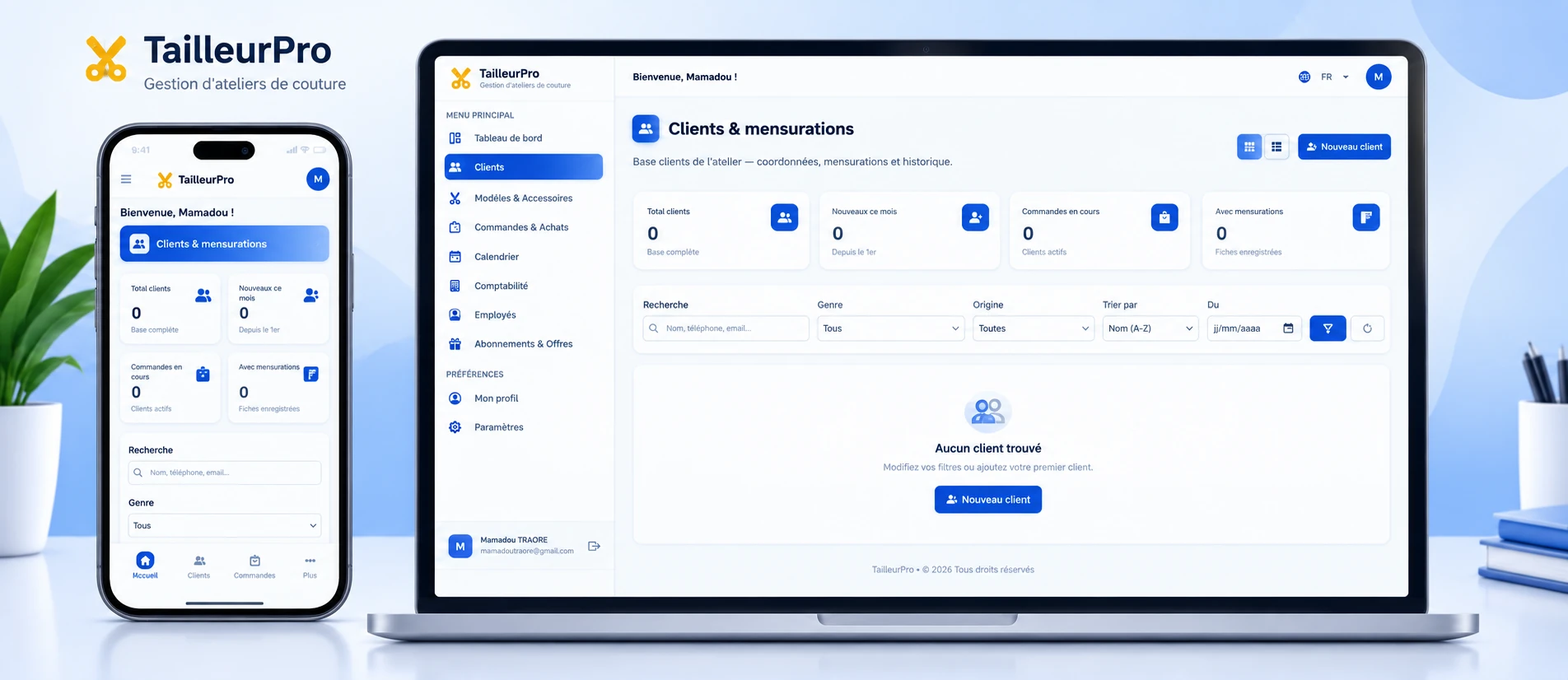 TAILLEUR PRO — écran Clients & mensurations : statistiques, recherche et actions en un clic