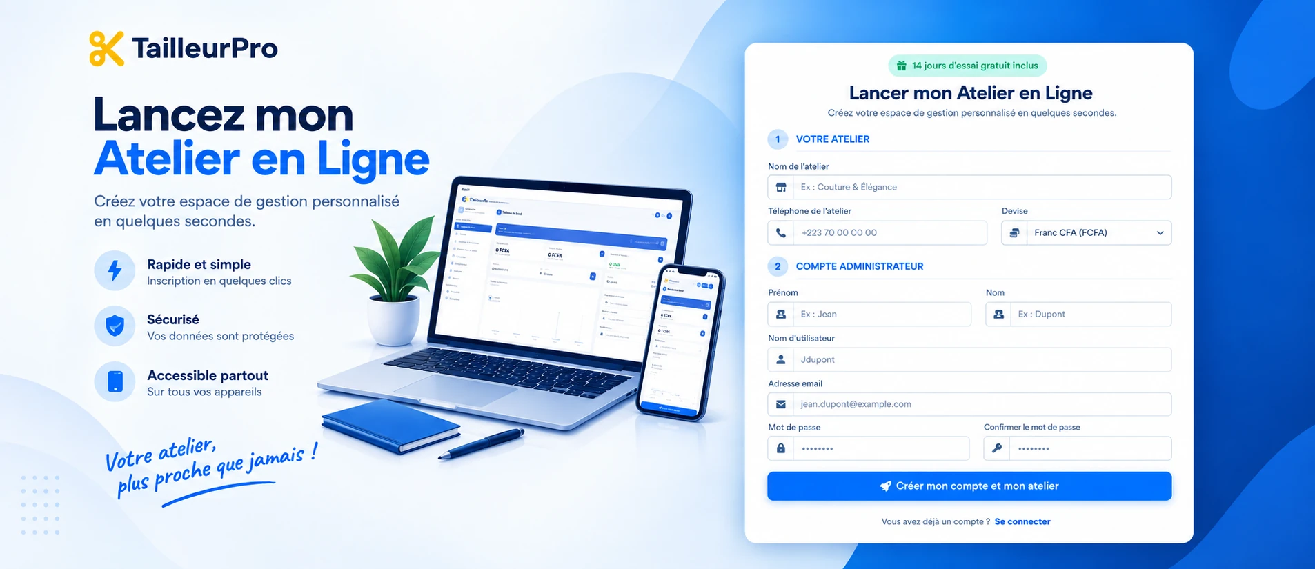 Création d'un compte TailleurPro⁺ : formulaire « Lancer mon Atelier en Ligne » avec essai de 14 jours inclus